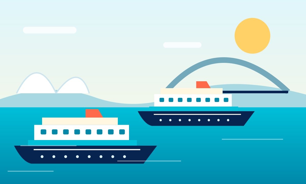 Original illustration of two cruise ships sailing past an Australian harbour