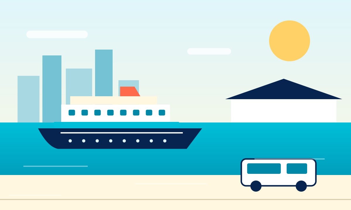 Original illustration of a cruise ship, terminal and airport shuttle beside Miami’s waterfront