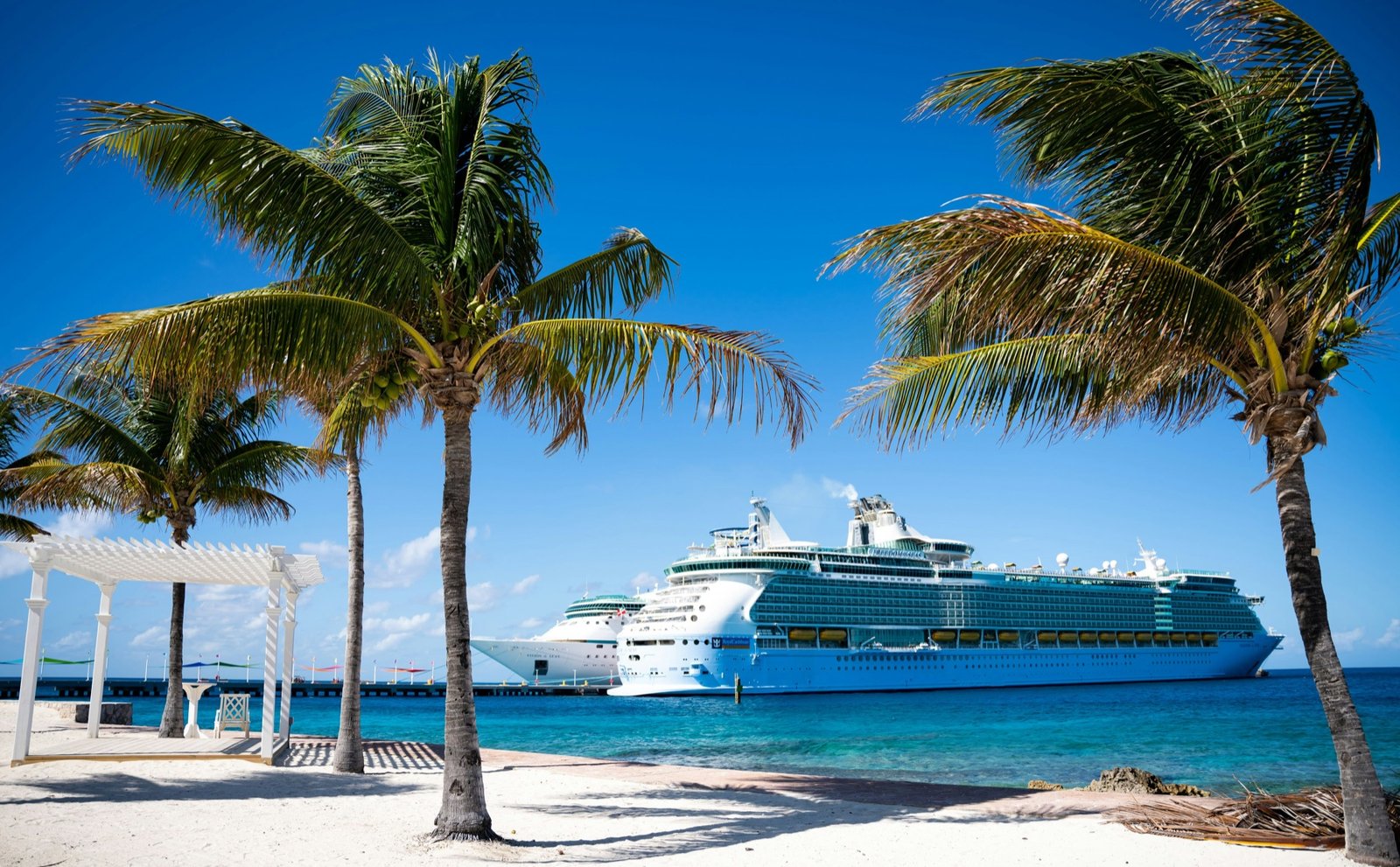 Cruise ship beside palm trees on a sunny Caribbean beach